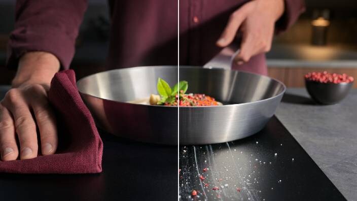 Primerjalne slike – na desni strani moški čisti stekleno kuhalno ploščo s kuhinjsko krpo, na desni strani pa je kuhalna plošča, umazana s praskami